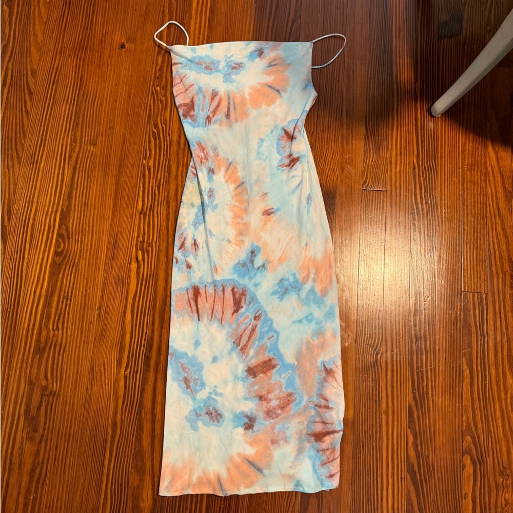White Fox Boutique Tie-Dye Midi Dress in Blue and Peach